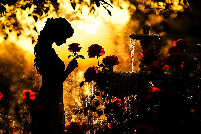 Frau im Rosengarten bei Sonnenuntergang von Imperial Art House