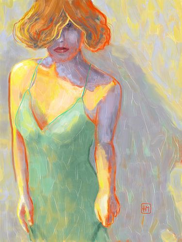 Summertime. Sexy vrouw in groene jurk, kleurrijk schilderij