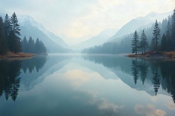 Stilstaand meer en reflecterend landschap: een moment van rust van Wandbilder-Shop