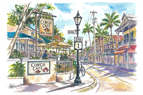Watercolour of Key West – a scene in front of the Conch Café on Duval Street, an art print on the theme of the Florida Keys