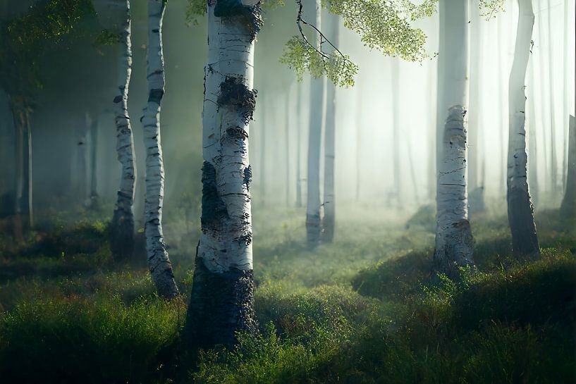Berkenbos in ochtendmist_04 van Peet de Rouw