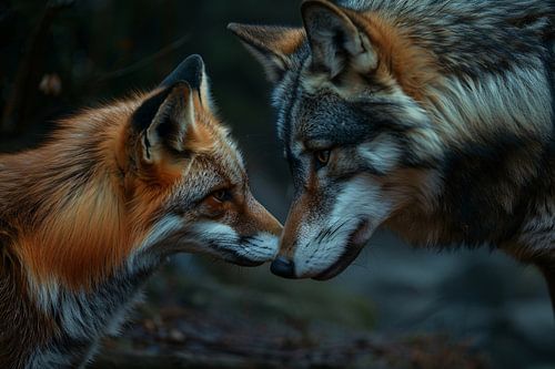 Vos en wolf neus aan neus schilderij