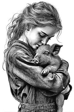 Fille embrassant un porcelet Portrait tendre Dessin vintage