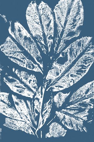 Witte bladeren in retrostijl. Moderne botanische minimalistische kunst in wit op blauw.