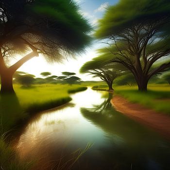 Paysage vert avec arbres et ruisseau