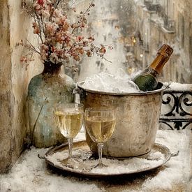 Festliches Stilleben - Champagner auf der Fensterbank im Schnee von Joriali Fotografie und Gemälde