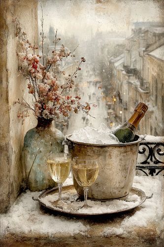 Feestelijk Stilleven - Champagne op Vensterbank in de Sneeuw van Joriali Fine Art
