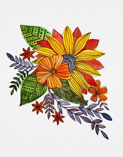 Zonnebloem in aquarel en inkt