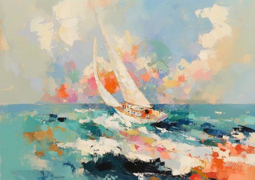 A dynamic sailing boat on a colourful lake by Niklas Maximilian