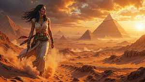Fantasy Pharaoh Wall Art: VIATRIX – A Woman Walking Through the Desert of Egypt with Pyramids in the
