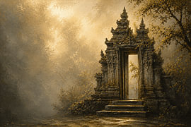 Altes balinesisches Tempeltor im Morgennebel I Indonesien I Minimalistische Kunst von Vínculae