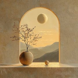 Landschap Stilleven Bloemen | Tranquil Peaks and Petals van Kunst Kriebels