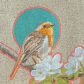 Robin and apple blossom by Sandra Kolondam