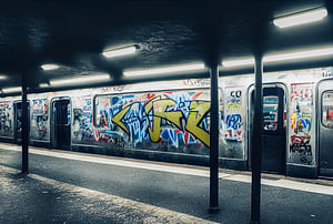 U-Bahn mit Graffiti in einer U-Bahn Stadion