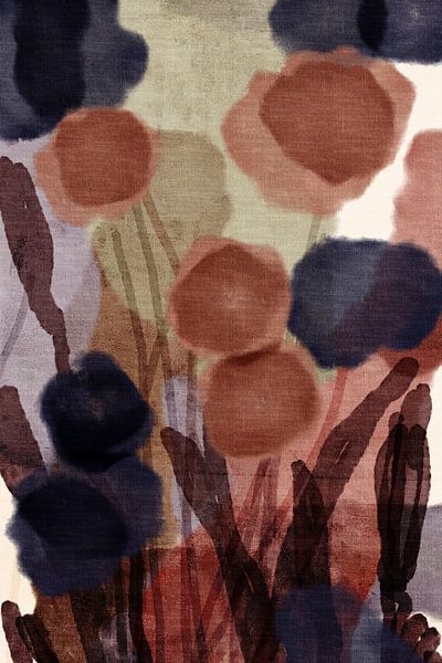 Art botanique abstrait. Fleurs en violet, mousse moka, bleu foncé et vert olive. par Dina Dankers