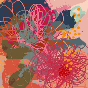 Bunte Blumen. Moderne abstrakte botanische Kunst in rosa, blau, orange, grün und gelb.