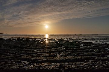 Ondergaande zon aan de Waddenzee nabij Moddergat van Paul Veen