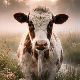 une vache curieuse dans la brume matinale sur Jessica Berendsen