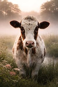 une vache curieuse dans la brume matinale