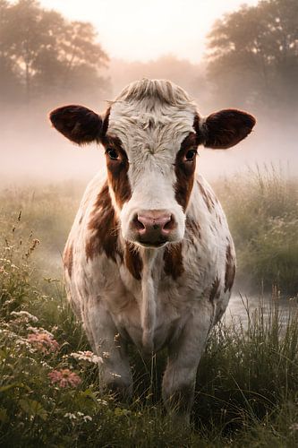 nieuwsgierige koe in ochtendmist van Jessica Berendsen