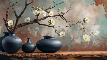 Four vases in a row with branches of Magnolia in them on an old weathered background pastel colours.