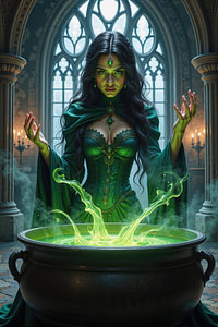 Dark Fantasy Wandbild: VENEFYRA - Eine böse Hexe zaubert einen Zaubertrank