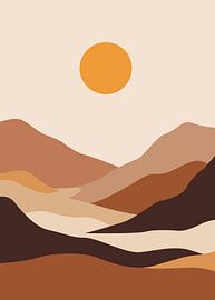Minimalistische Boho-Landschaftsbilder mit mehrschichtigen Bergen, Sonnen und Erdtönen