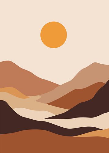 Affiches d'art paysager au style bohème minimaliste, représentant des montagnes en superposition, des soleils et des tons ocres