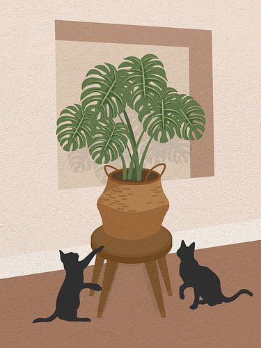 Minimal art of cat playing with monstera plant