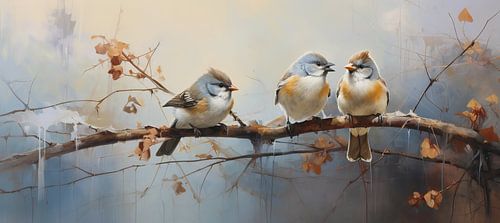 Vogelkunstwerk | Herbstliche Spatzen von Blickfänger Gemälde