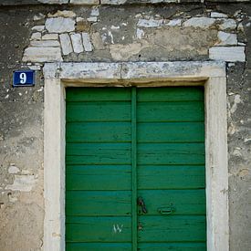 Dubbele groene deur met zwarte deurklink en huisnummer van Theo Felten