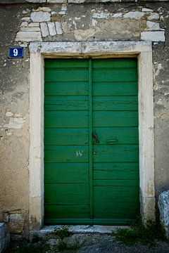 Dubbele groene deur met zwarte deurklink en huisnummer