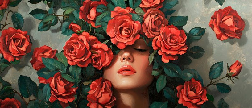 Woman in a sea of roses - Colourful fantasy by Poster Art Shop