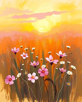Golden Hour Meadow: een landschapschilderij met bloemen van Artistic