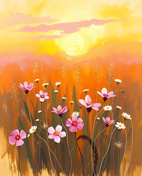 La prairie de l'heure d'or : une peinture de paysage floral par Artistic