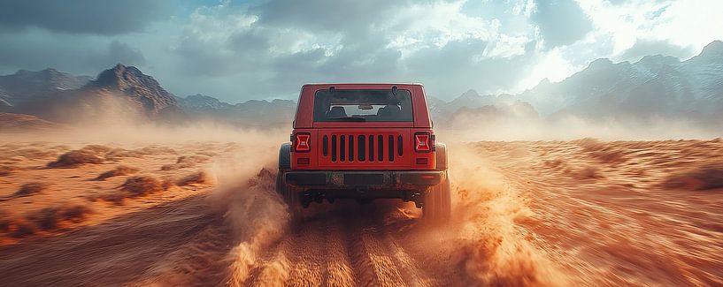 Rode Jeep Wrangler bij zonsondergang in de duinen van Lufy