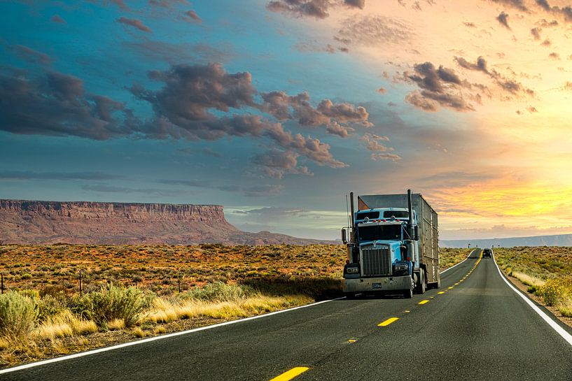 Truck on lonely highway in the west of the USA at dusk by Dieter Walther