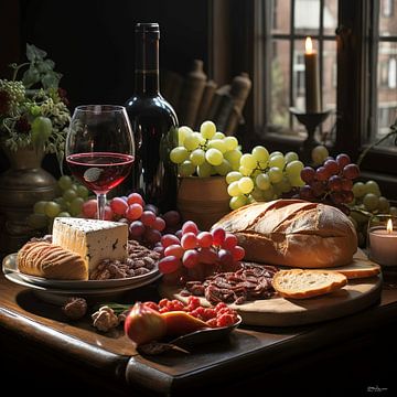 stilleven van wijn, kaas en brood von Gelissen Artworks