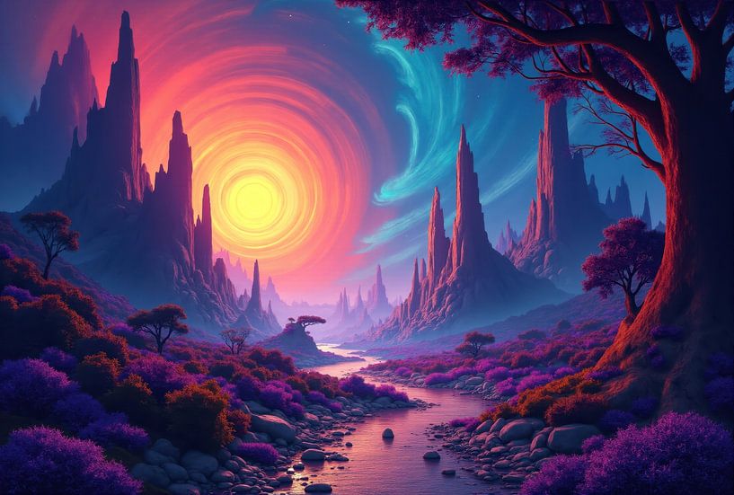 Digital Landscape with River, Rock Formations, and Purple Vegeta by Markus Gann