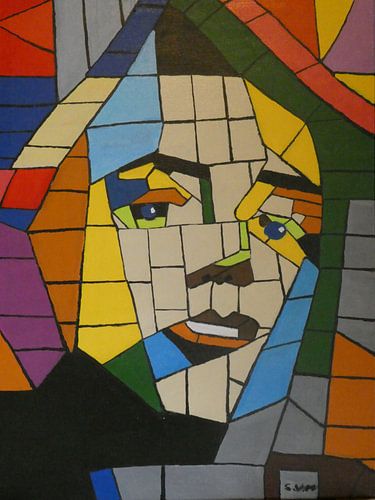 Ein Gesicht als Mosaik mit vielen Farben und Strichen.