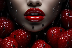 Rote Lippen mit Erdbeere, Nahaufnahme, Schwarz-Weiß-Fotografie