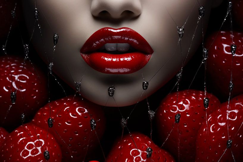 Rote Lippen mit Erdbeere, Nahaufnahme, Schwarz-Weiß-Fotografie von Animaflora PicsStock