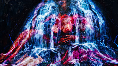 Mystère à la cascade – Magie surréaliste en bleu néon « & » Rosé (Tableau d'art moderne)