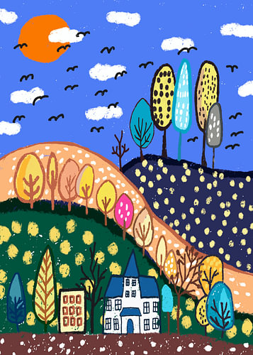Charming Countryside Village and Rolling Hills Naive Folk Art Illustration