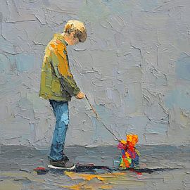 „Broken Toy of Emotion“ – Surreales Acrylgemälde mit Struktur, das die Zerbrechlichkeit der Kindheit thematisiert von Aden Pink Studio