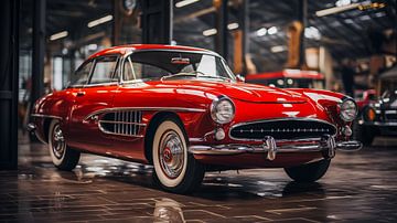 Oude rode oldtimer in een garage in vintage stijl ontwerp van Animaflora PicsStock