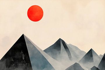 Mountains with red sun - Minimalist by Poster Art Shop