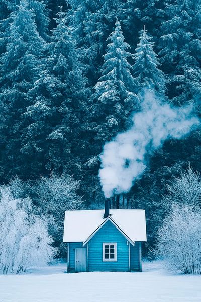 Blue wooden house in the winter forest by Poster Art Shop