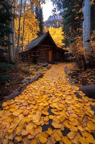 Herfstig bospad met blokhut