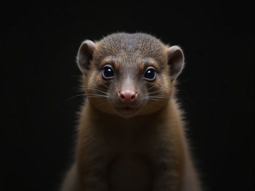 Schattige smalle gestreepte mangoest pup poserend op donkere achtergrond